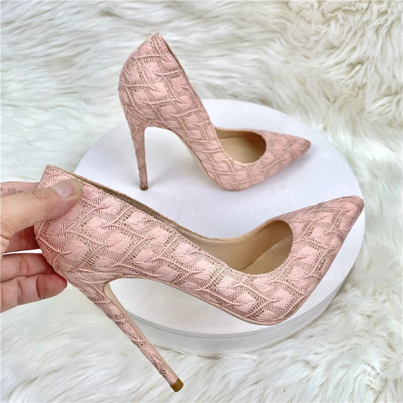 Pink Lace Fabric Pointy Toe High Heel Wedding Bridemaids Shoes