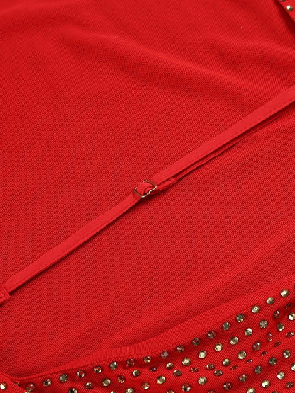 Althea Long Sleeve Mini Dress With Cowl Back Mesh And Rhinestones