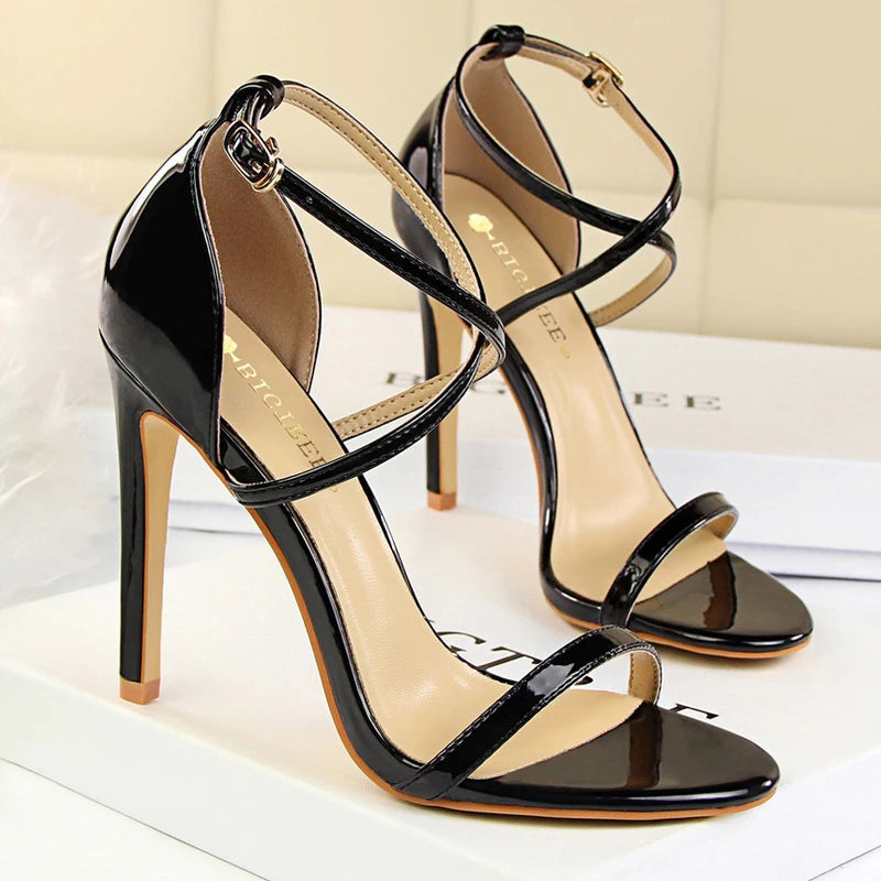 Open Toe High Heels Patent Leather Women Stiletto 11Cm 7.5Cm