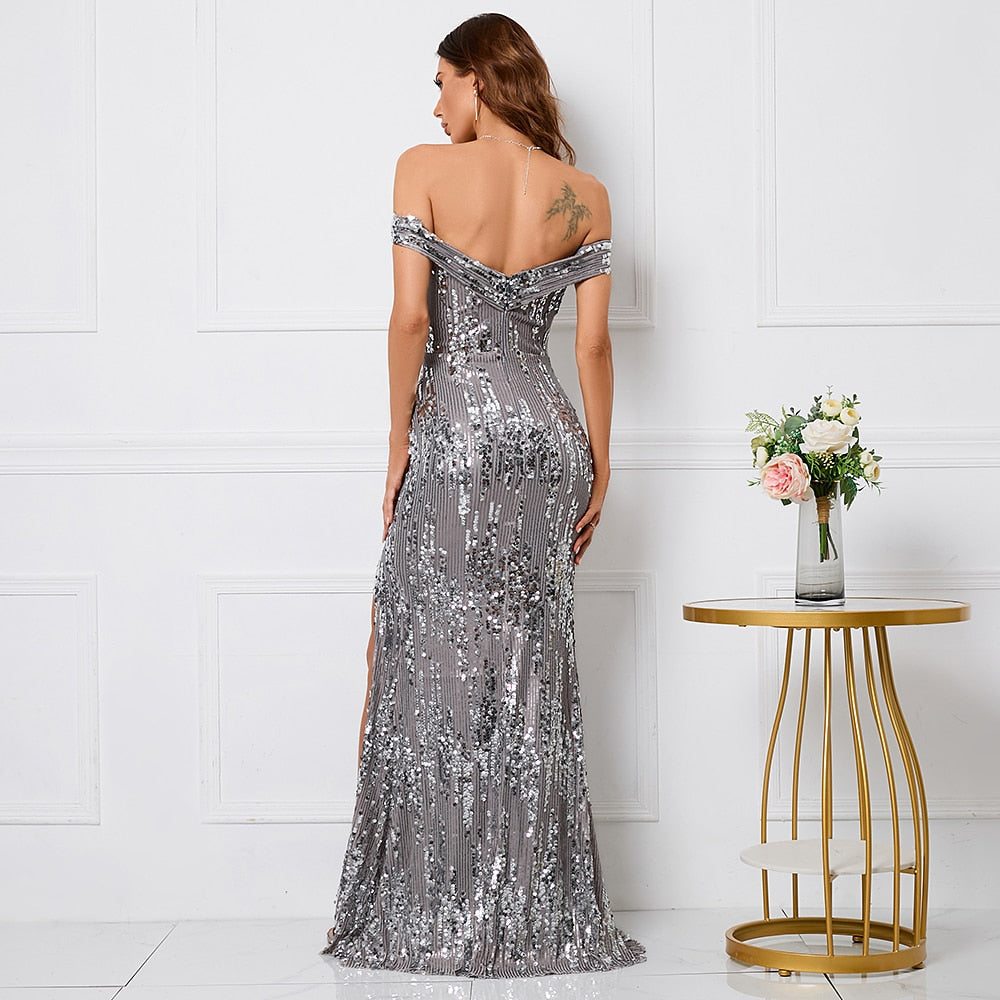 Avalon Sequin Off Shoulder Gown