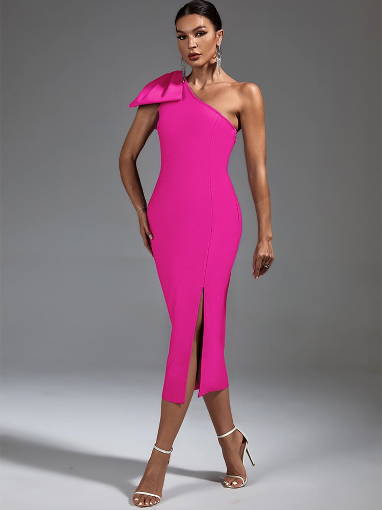 Claret Bandage One Shoulder Ruffle Midi Dress - Style