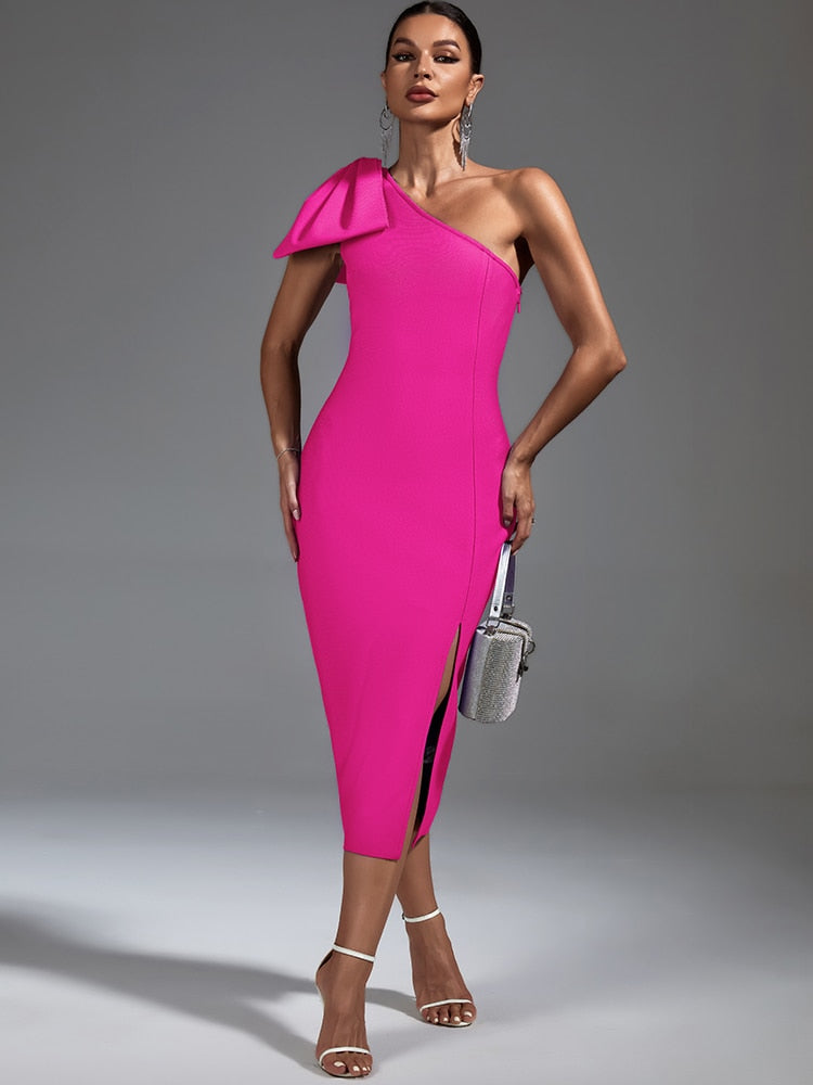 Claret Bandage One Shoulder Ruffle Midi Dress - Style