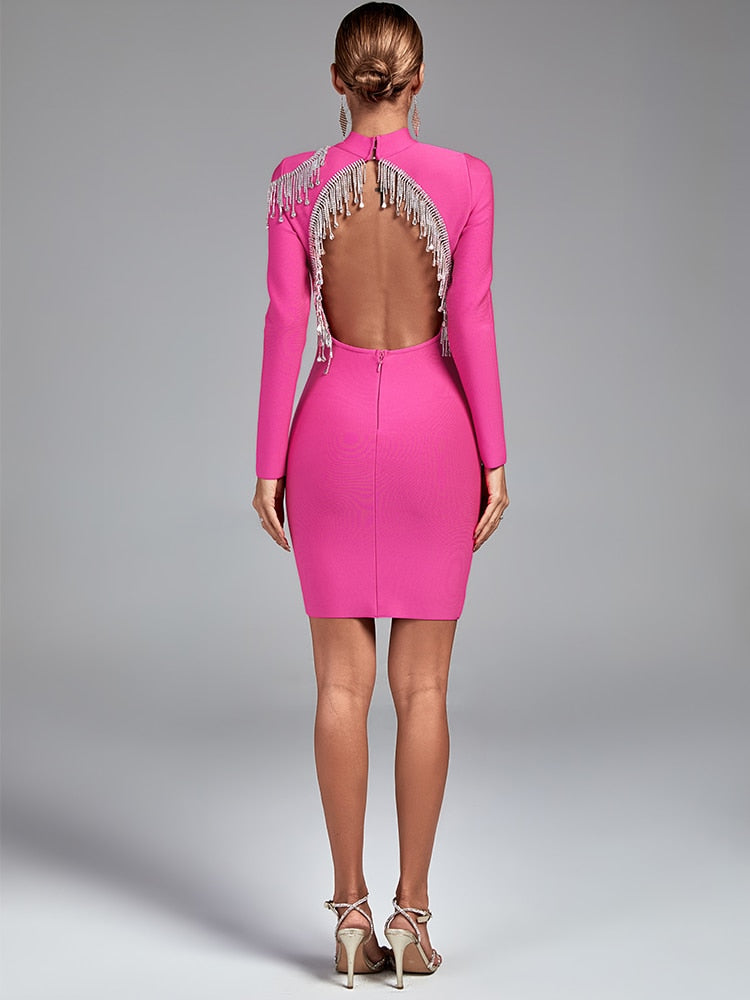 Irie Long Sleeve Bandage Dress With Rhinestone Tassels