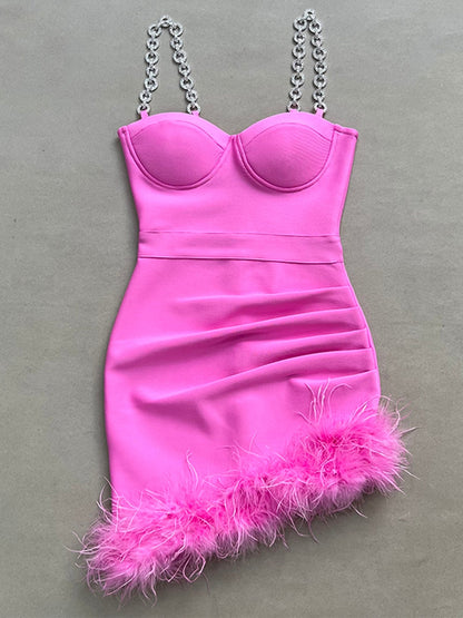 Luxurious Sparkling Rhinestone Feather Trim Bandage Dress