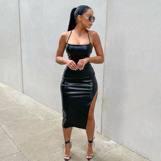 Kimberly Black Vegan Leather Midi Dress - SunsetFashionLA