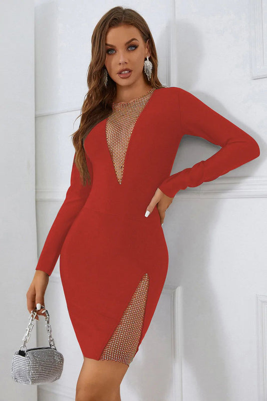 Layla Rhinestones Long Sleeve Bandage Dress - SunsetFashionLA