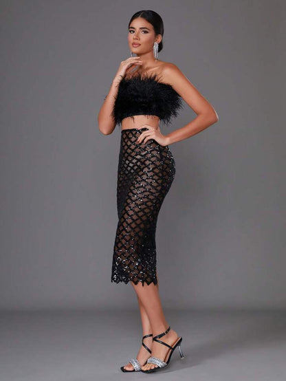 Libby Feather Top And Sequined Skirt Set