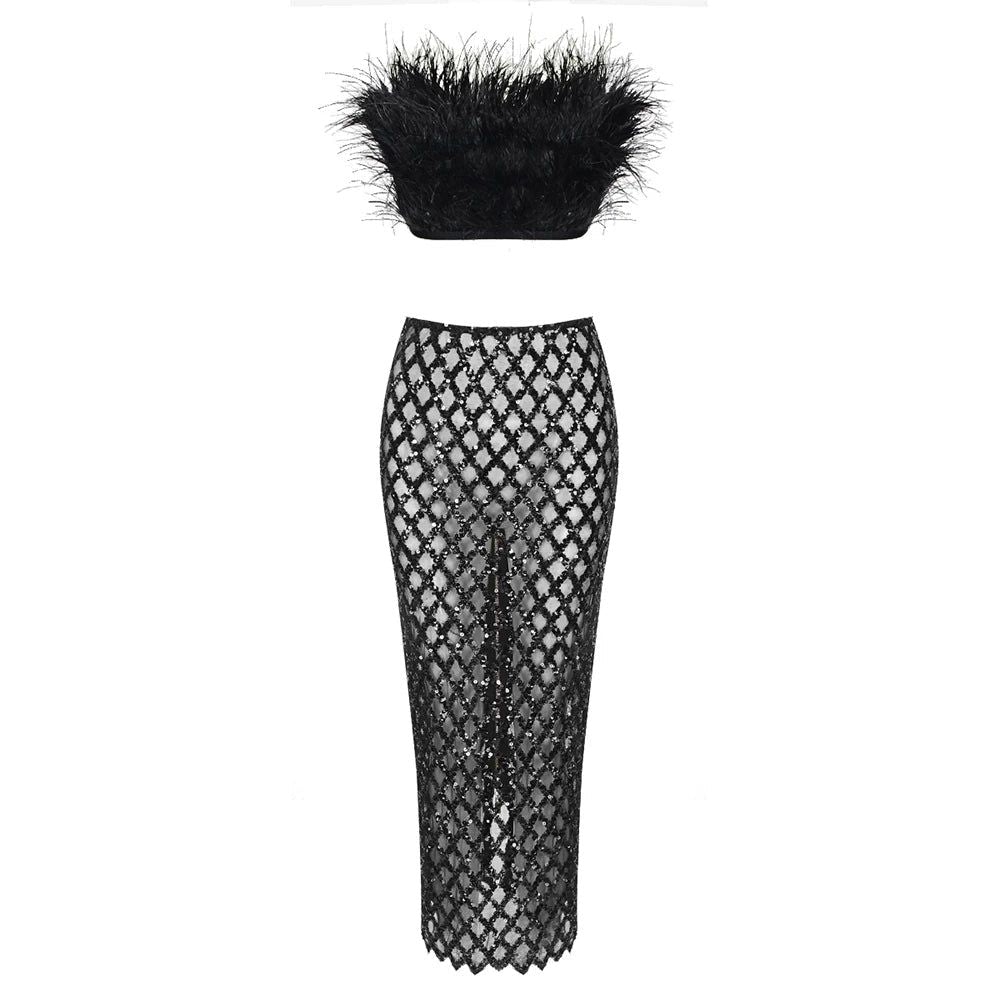 Libby Feather Top And Sequined Skirt Set