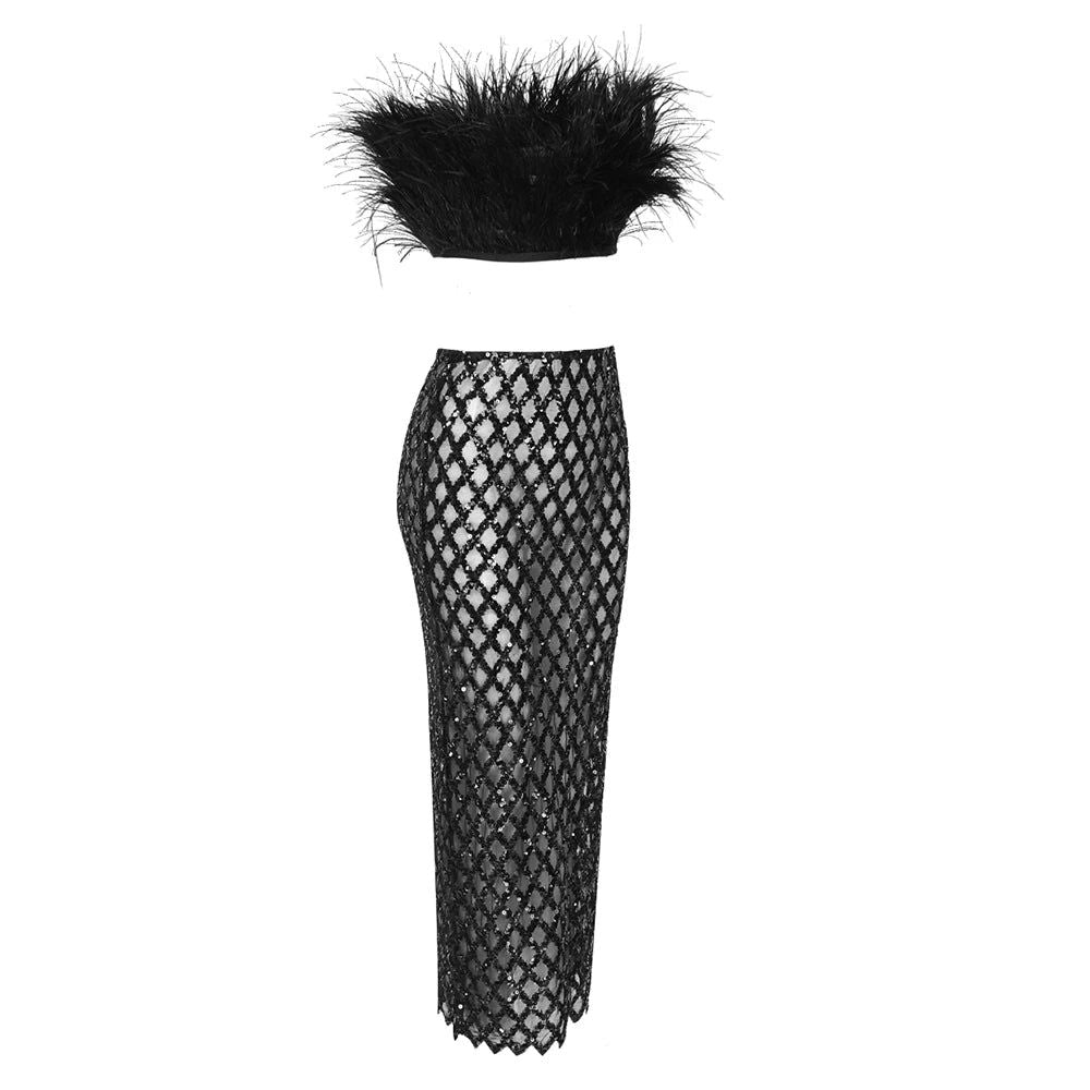 Libby Feather Top And Sequined Skirt Set