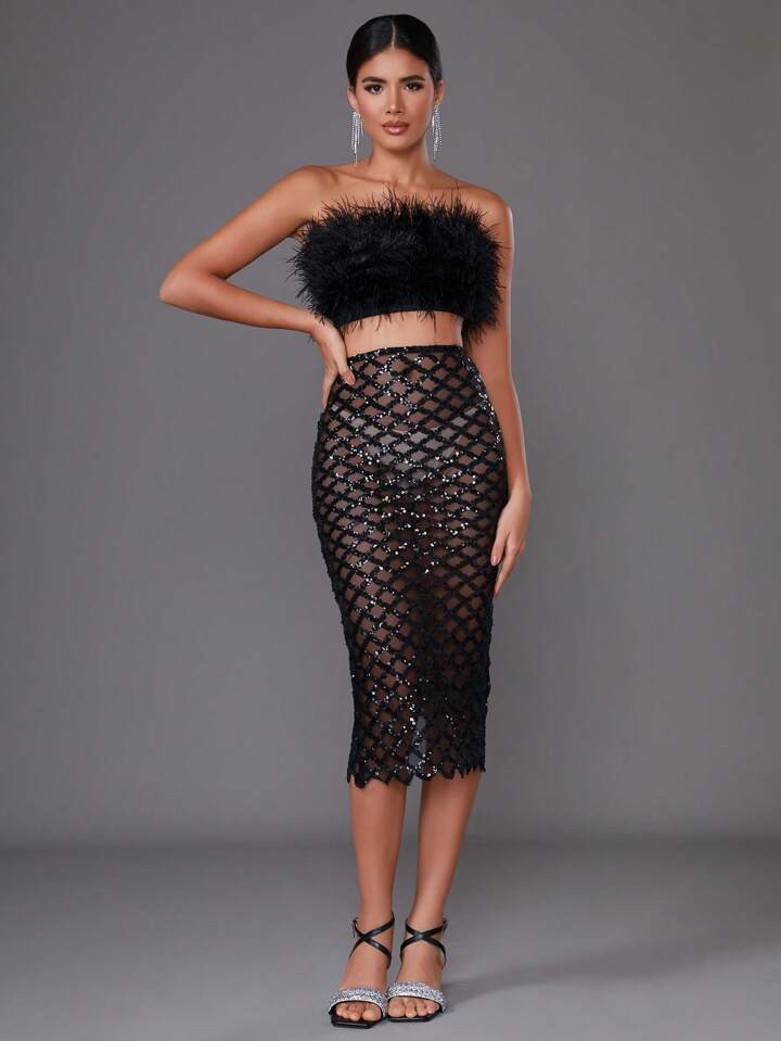 Libby Feather Top and Sequined Skirt Two Piece Dress Set - SunsetFashionLA