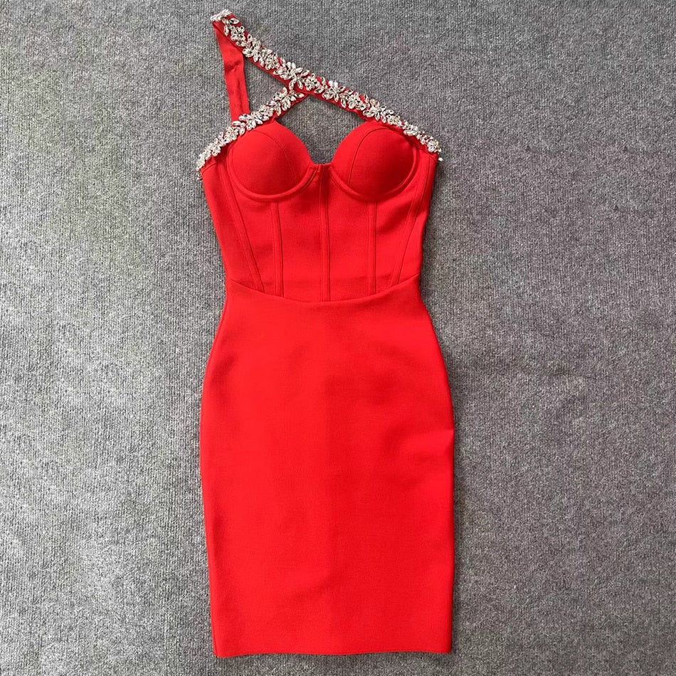 Alluring One-Shoulder Rhinestone Bandage Dress With Bold Sparkle