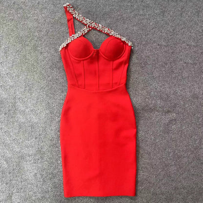 Alluring One-Shoulder Rhinestone Bandage Dress With Bold Sparkle