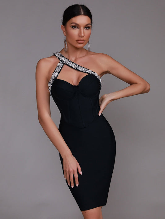 Sonia One Shoulder Rhinestone Bandage Dress - SunsetFashionLA