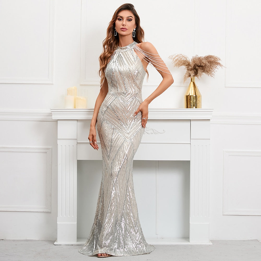 Sequin Gown Dress With Statement Maker Halter