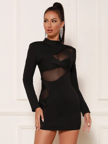 Terina Long Sleeve Mesh Turtleneck Bandage Dress - SunsetFashionLA