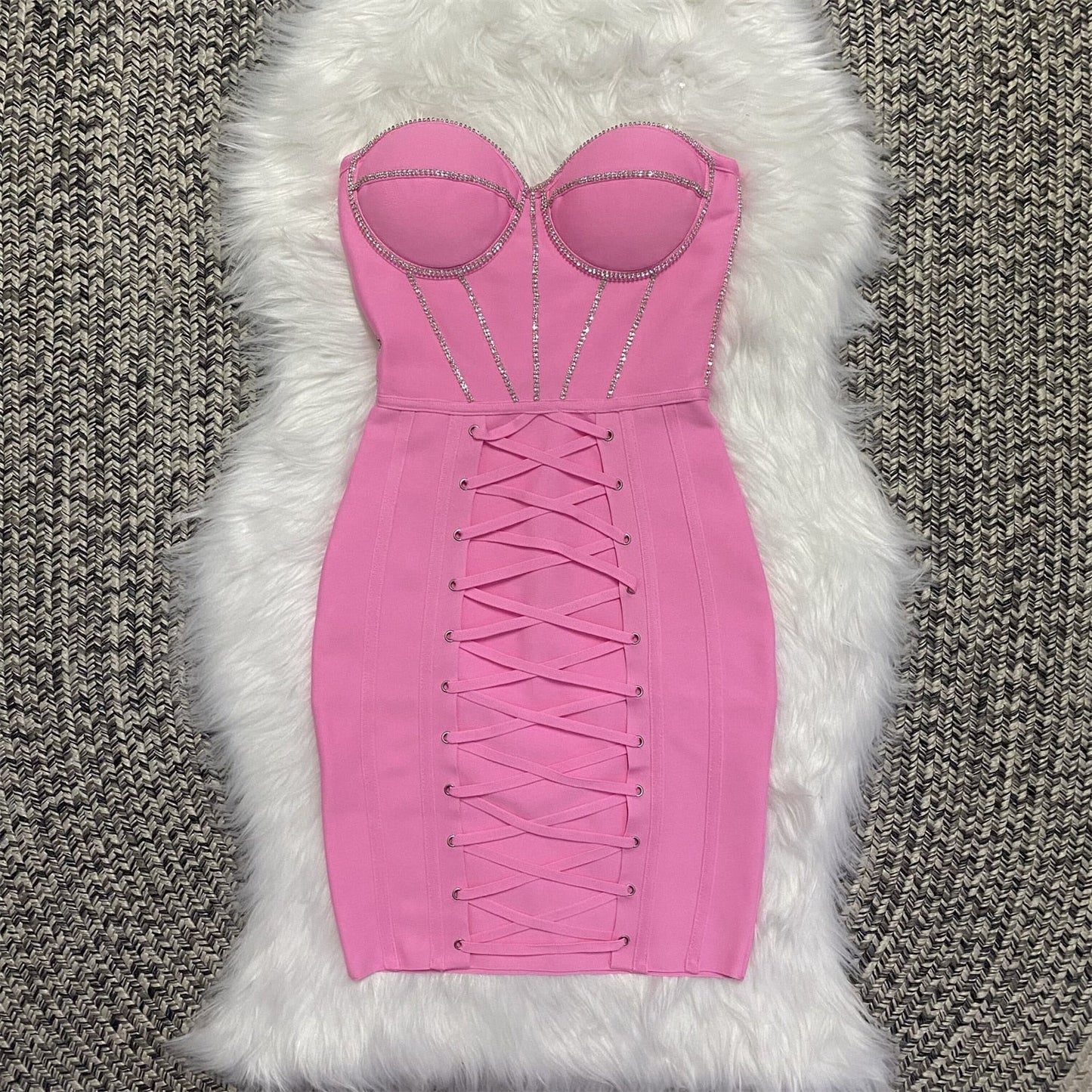 Xenia Bandage Dress With Laced Up Rhinestone Detail