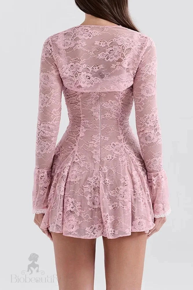 A-Line Mini Dress With O-Neck High Waist Long Sleeves And Lace-Up Detail