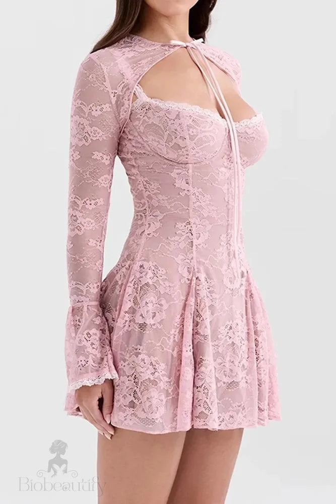 A-Line Mini Dress With O-Neck High Waist Long Sleeves And Lace-Up Detail