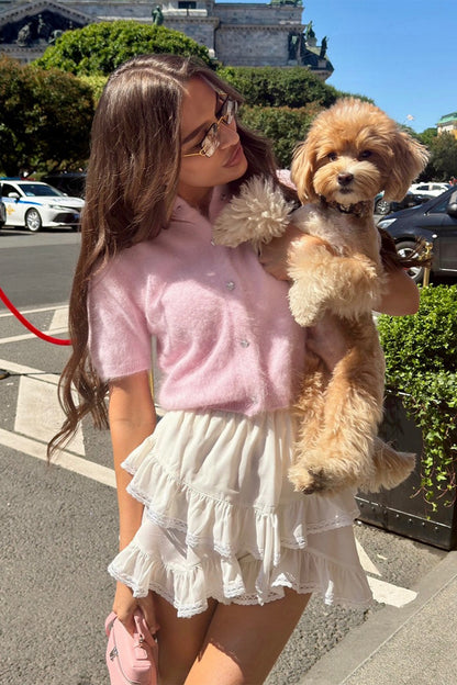 Fuzzy Short Sleeve Button Front Knit Sweater