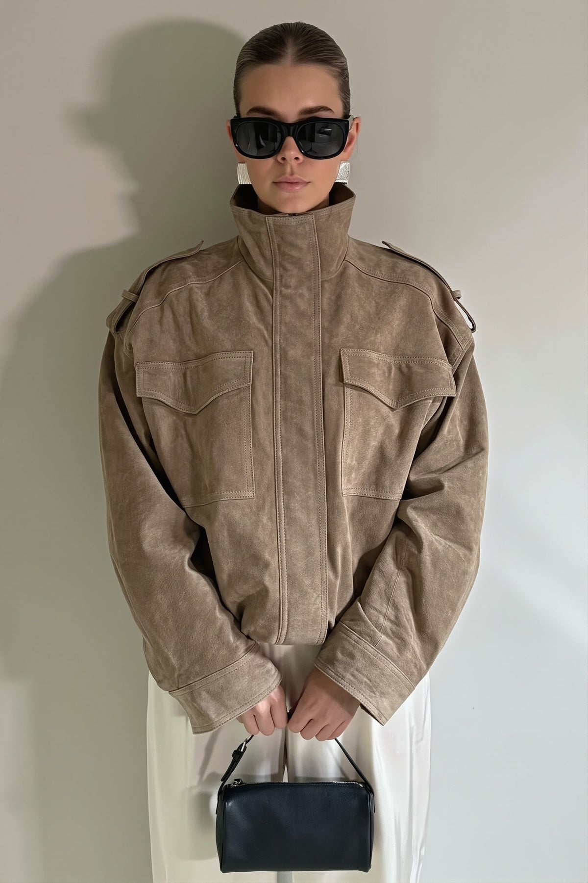 Suede Look Stand Collar Utility Bomber Jacket