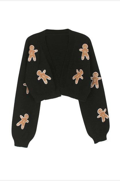 Festive Gingerbread Pattern Knit Cardigan