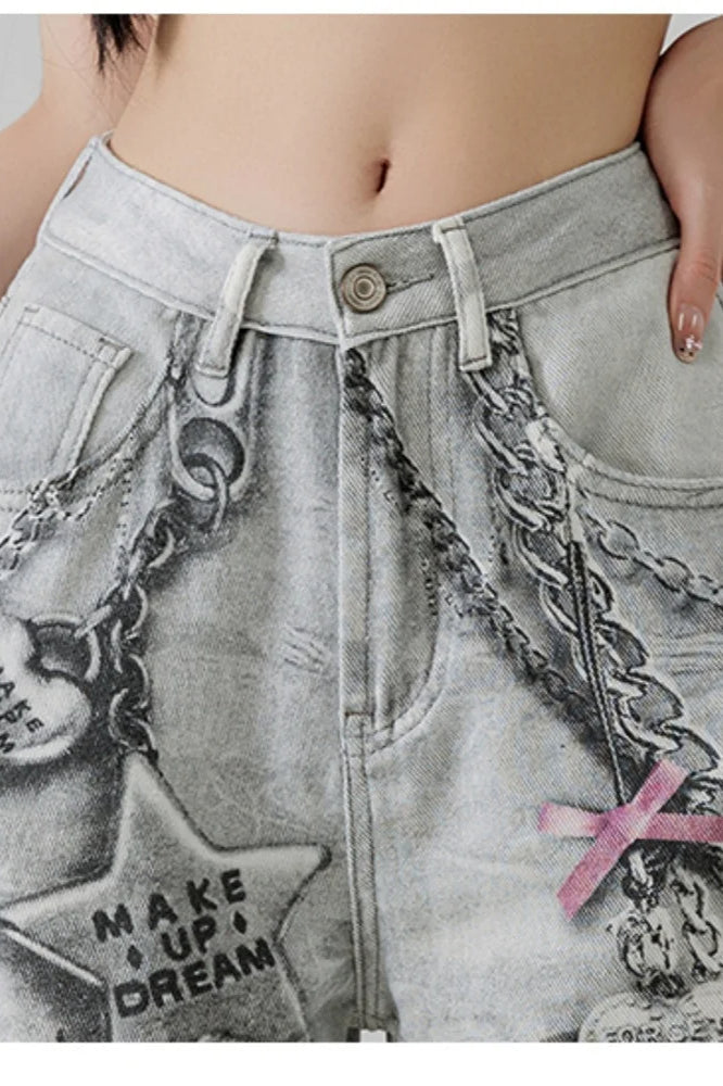Metal Love Chain Straight Leg Jeans