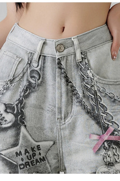 Metal Love Chain Straight Leg Jeans