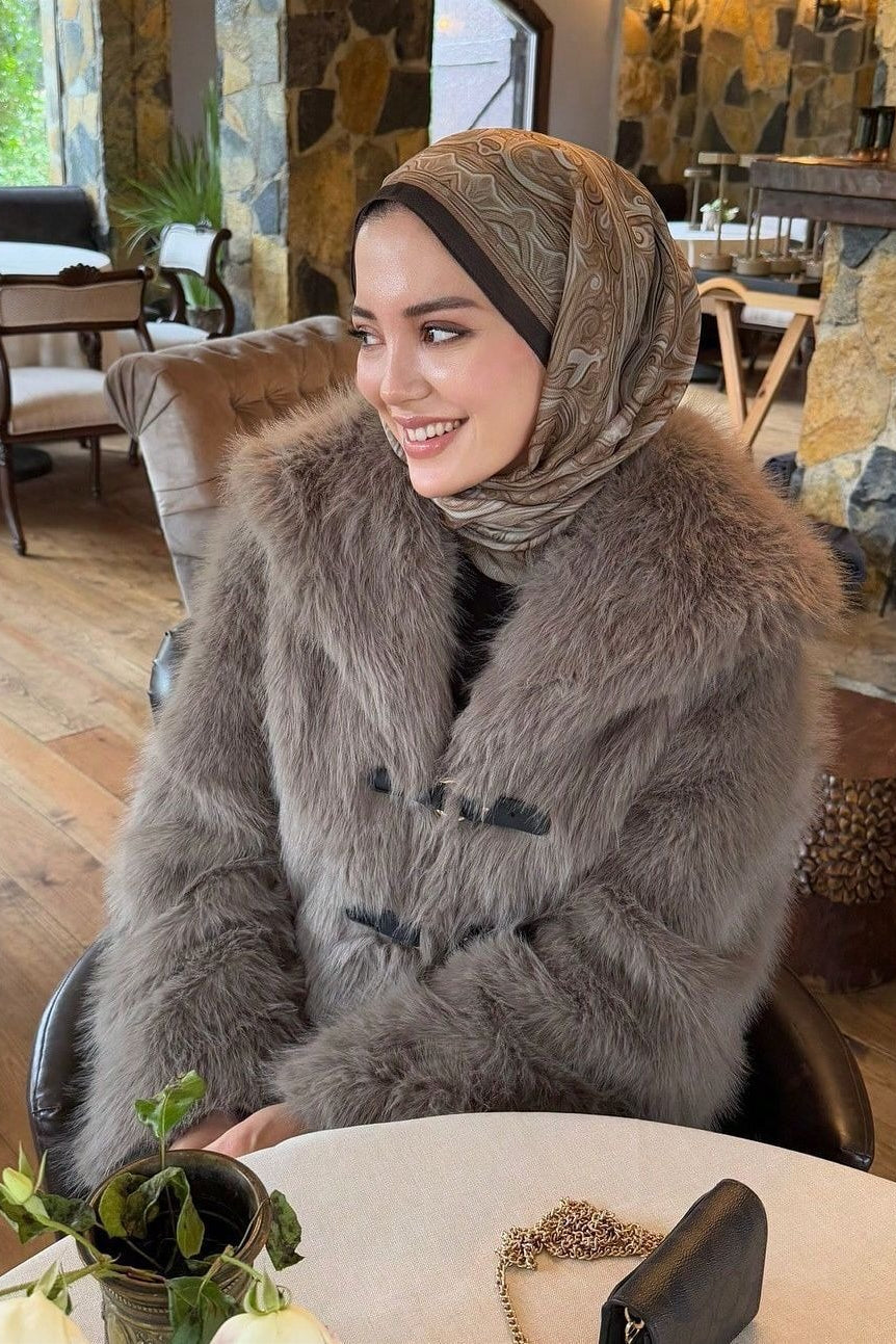 Toggle Front Wide Collar Faux Fur Coat