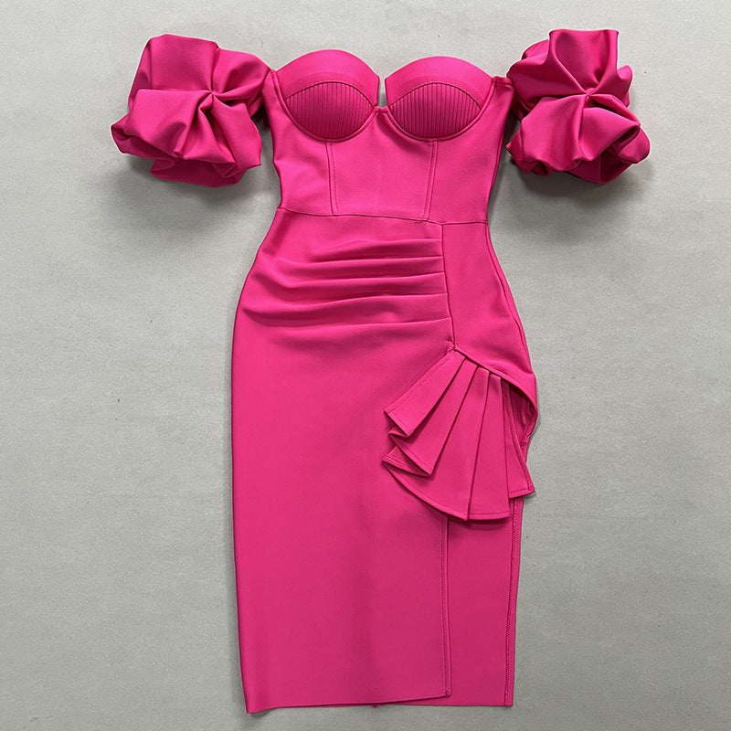 Ruched Midi Dress With Off-Shoulder Statement Sleeves