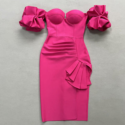 Ruched Midi Dress With Off-Shoulder Statement Sleeves