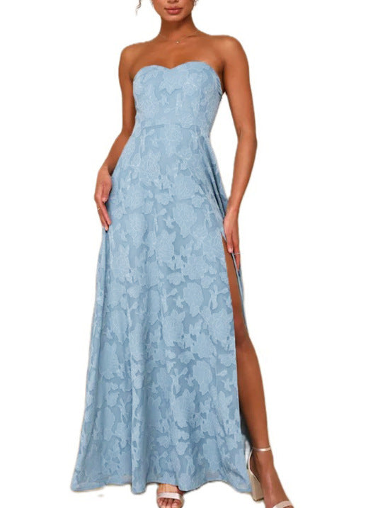 Strapless Embroidery Dress with Front Slit - Chiccharm