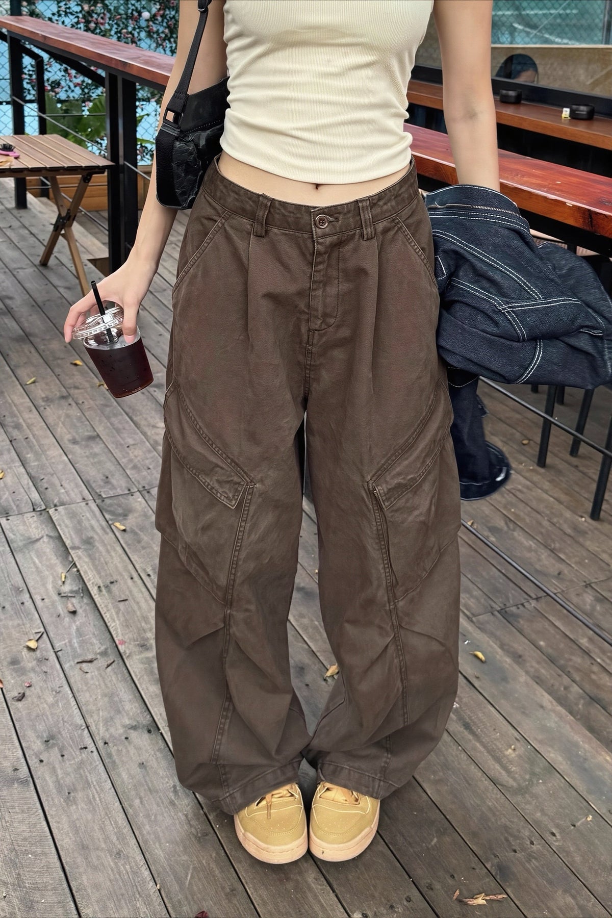 Washed Pleated Wide Leg Cargo Pants