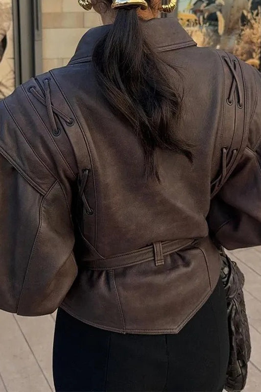 Lace Up Shoulder Belted Moto Jacket
