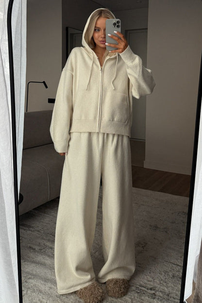 Hooded Zip Knit Top Wide Leg Pants Set