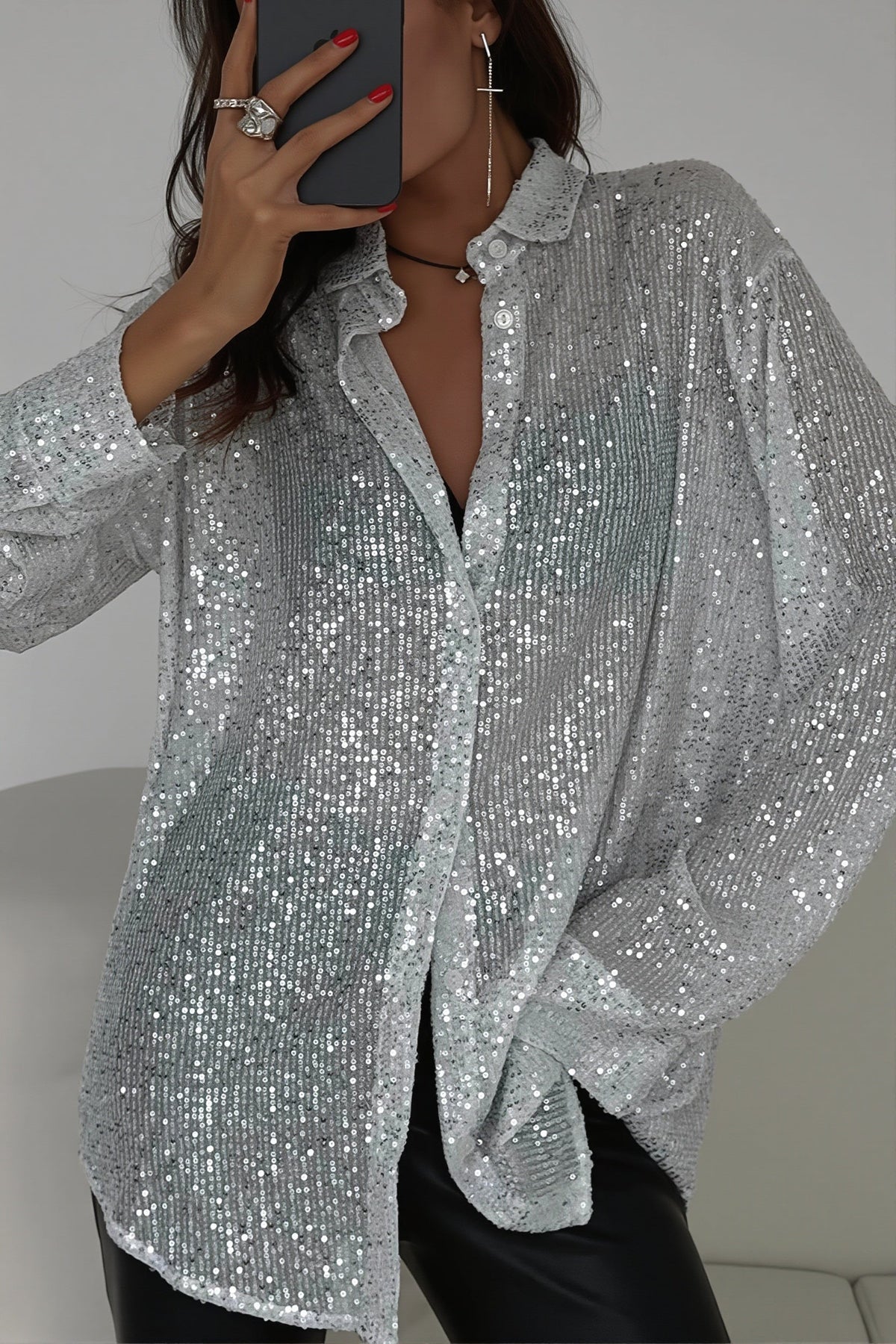 Sequin Collared Button Front Blouse