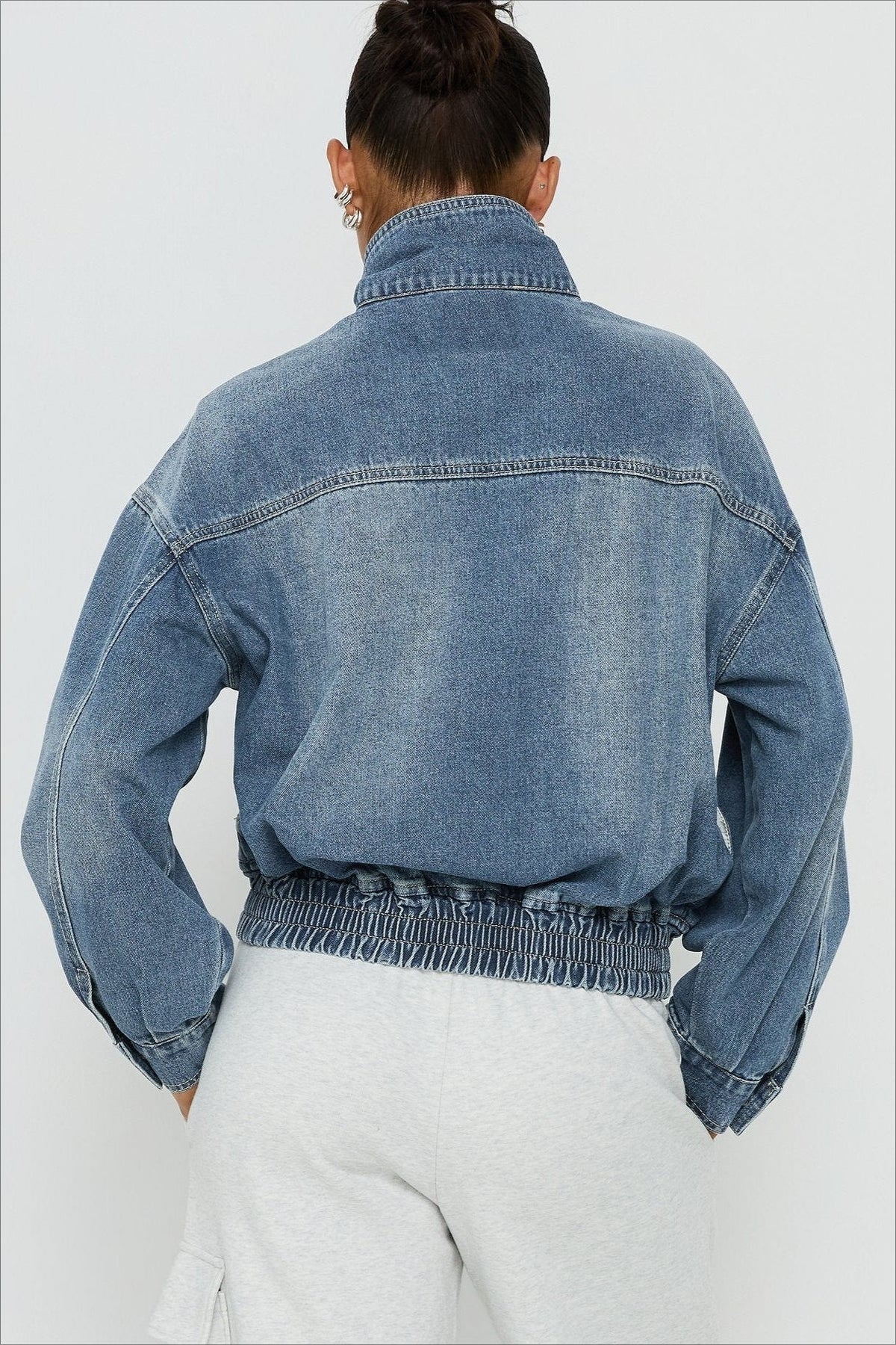 Cropped High Neck Denim Jacket