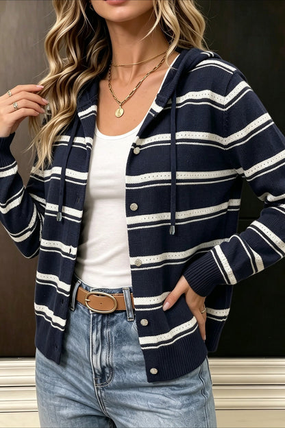 Navy Stripe Hooded Button Cardigans