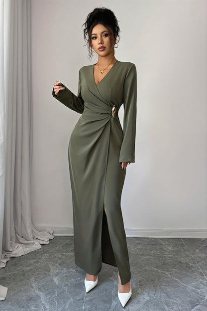 Solid V-Neck Ruched Waist Slit Buckle Work Dress