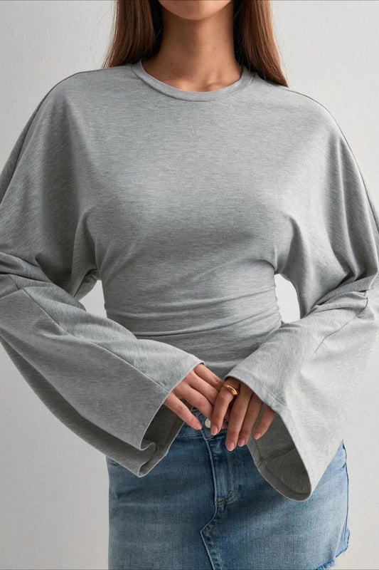 Cinched Waist Bell Sleeve Crew Neck Tee