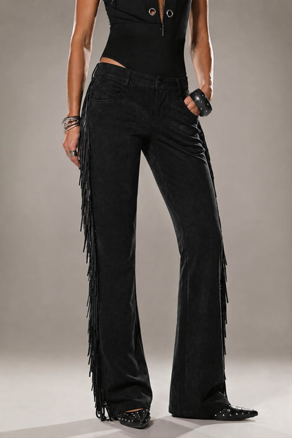 Side Fringe Suede Look Wide Leg Pants