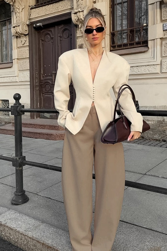 Chic Beige Structured V-Neck Coat