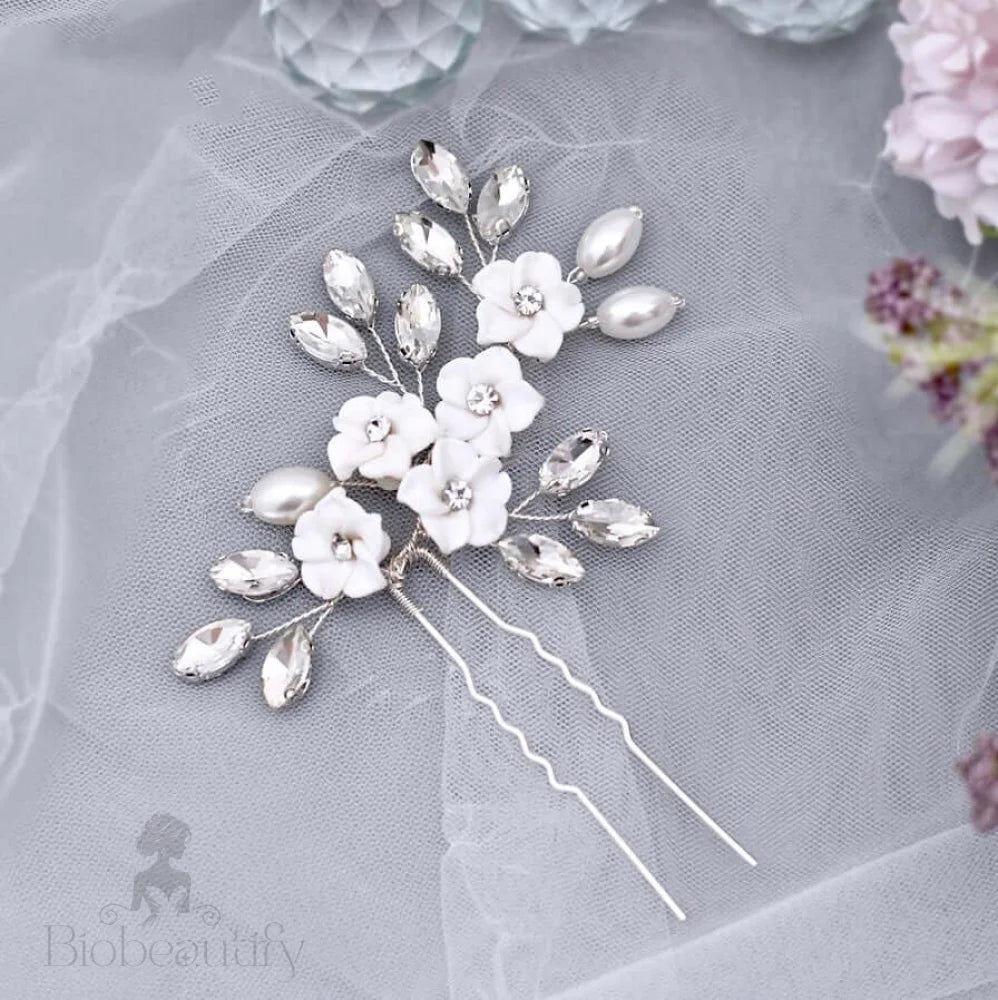 Abranna Bridal Hair Pin With Ceramic Flowers And Pearls