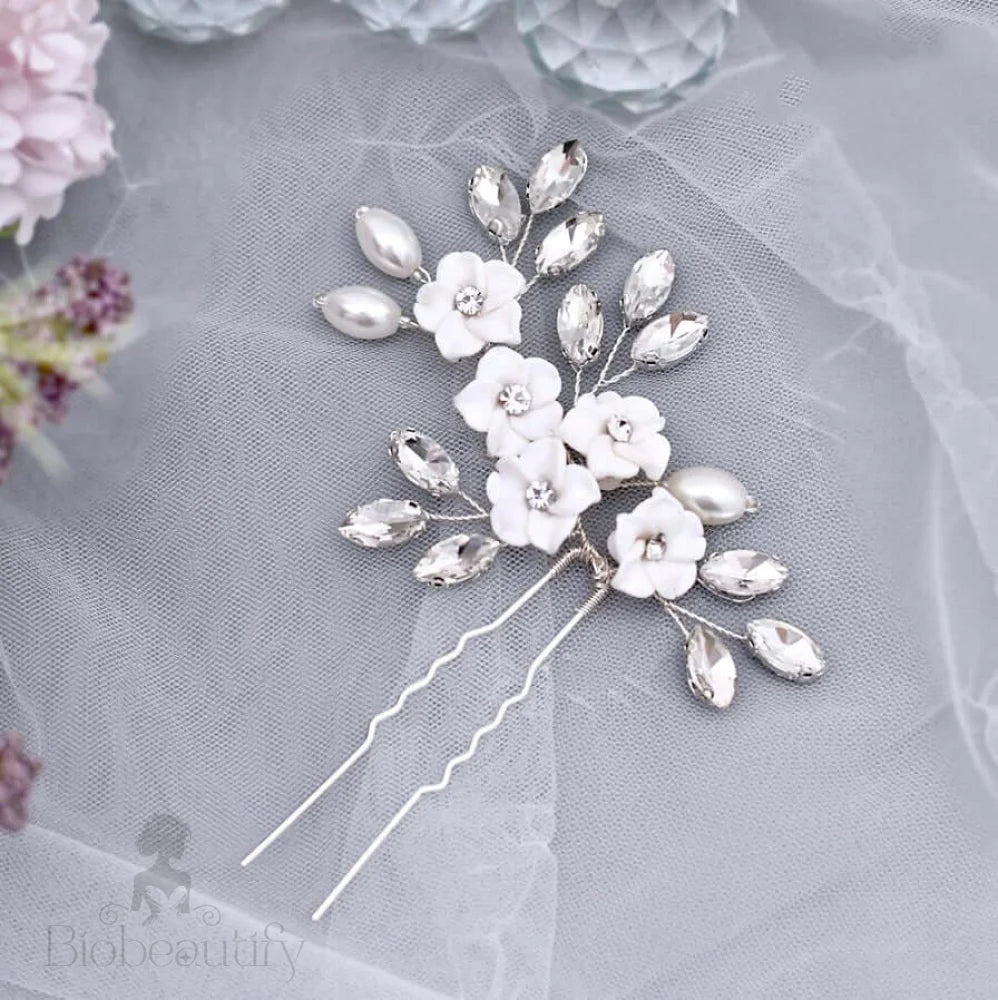 Abranna Bridal Hair Pin With Ceramic Flowers And Pearls