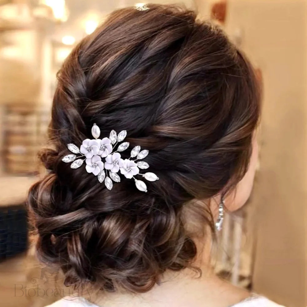 Abranna Bridal Hair Pin With Ceramic Flowers And Pearls