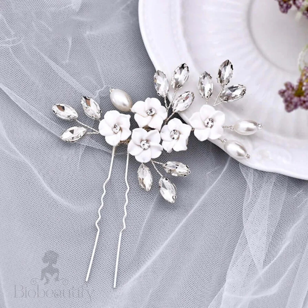 Abranna Bridal Hair Pin With Ceramic Flowers And Pearls