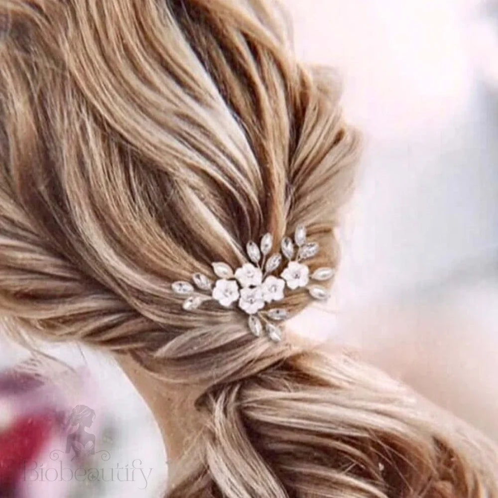 Abranna Bridal Hair Pin With Ceramic Flowers And Pearls