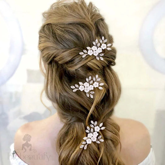 Abranna Bridal Hair Pin With Ceramic Flowers And Pearls