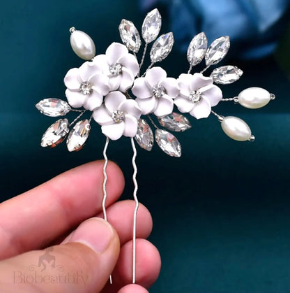 Abranna Bridal Hair Pin With Ceramic Flowers And Pearls