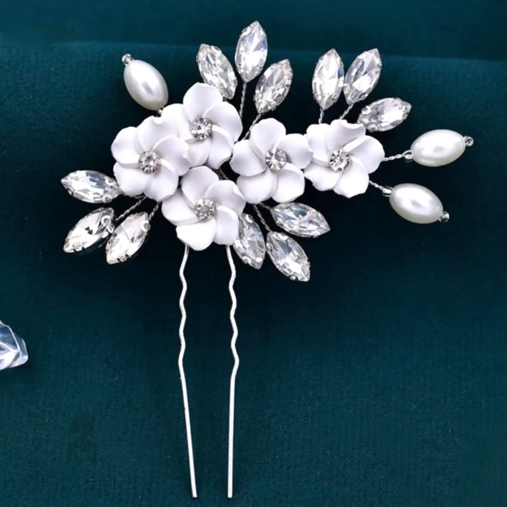 Abranna Bridal Hair Pin With Ceramic Flowers And Pearls