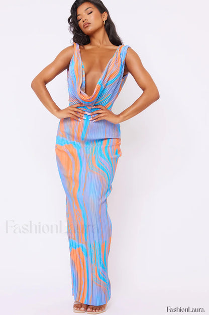 Abstract Print Plisse Charming Cowl Plunge Maxi Dress S / 2#